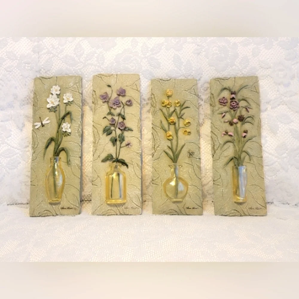 Vintage Cheri Blum Signed 3D Floral Wall Art Plaques Set of 4 Raised Flowers